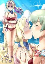 1boy 1girls alternate_costume arm_grab bare_legs beach bikini blonde_hair blue_eyes blue_nails blush breasts byleth_(fire_emblem) byleth_(fire_emblem)_(male) cleavage colored_inner_hair commission constance_von_nuvelle female fire_emblem fire_emblem:_three_houses frown kissing legs long_hair male mario_(series) medium_breasts multicolored_hair nail_polish nintendo ocean onikagura_(artist) outdoors piranha_plant ponytail purple_hair red_bikini red_swimsuit shy_smile smile swimsuit