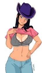 1girls areola_slip areolae athletic athletic_female big_breasts cowboy_hat female female_only hat light-skinned_female light_skin milkjam navel nico_robin one_piece pre-timeskip shounen_jump