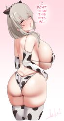 1girls ass big_ass big_breasts breasts closed_eyes cow_bikini cow_ears cow_horns cow_print dskn english_text female grey_hair huge_breasts legwear light_skin mature_female micro_bikini milf ponytail solo solo_female text thighhighs thighs uzaki-chan_wa_asobitai! uzaki_tsuki