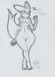 2022 anthro areola barefoot bedroom_eyes blush bodily_fluids breasts cleft_of_venus feet female fluffy fluffy_tail fur fur_markings generation_3_pokemon genital_fluids genitals graphite_(artwork) head_tuft looking_at_viewer lunaris_parukia markings narrowed_eyes navel nintendo nipples nude pokemon pokemon_(species) pokemorph pussy pussy_juice seductive shoulder_tuft smile smiling_at_viewer solo traditional_media_(artwork) tuft video_games wide_hips zangoose zelia_(lunaris_parukia)