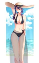 arm_up beach black_swimsuit breasts_almost_out clouds doki_doki_literature_club hat looking_at_viewer ocean pastelic_feels_(artist) purple_eyes purple_hair sand sky smile smiling smiling_at_viewer sunhat swimsuit water yuri_(doki_doki_literature_club)