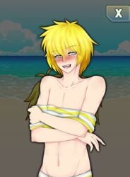 1boy beach blonde_hair blue_eyes blush gacha gacha_resort game_screenshot lunime male_only navel nostalgia96 open_mouth screencap shirt shorts star_(lunime) striped_clothing suggestive suggestive_look undressing yellow_hair