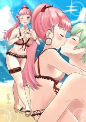 1boy 1girls ;d alternate_costume alternate_hairstyle bangs bare_legs beach bikini blush breasts byleth_(fire_emblem) byleth_(fire_emblem)_(male) carrying cleavage closed_eyes commission earrings female fire_emblem fire_emblem:_three_houses flower hair_flower heart heart_hands high_heels hilda_valentine_goneril hug kissing large_breasts legs long_hair looking_at_viewer male medium_breasts nail_polish nintendo ocean one_eye_closed onikagura_(artist) open_mouth outdoors pink_bikini pink_eyes pink_hair pink_swimsuit red_nails sand sandals smile swimsuit water wink