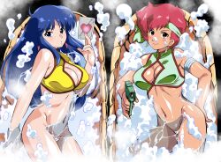 2girls bandana blue_eyes blue_hair blush bottomless breasts brown_eyes bubble card cleavage convenient_censoring dirty_pair gloves gun highres holding holding_card holding_gun holding_weapon kei_(dirty_pair) long_hair looking_at_viewer multiple_girls navel ohtado red_hair short_hair single_glove smile water weapon yellow_gloves yuri_(dirty_pair)