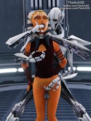 1boy 1girls 3d ahsoka_tano airress3d_(3d-modeller) alien alien_girl blue_eyes clone_wars clone_wars_(style) female fondling fondling_breast general_grievous male orange_skin star_wars tentacle_hair the_clone_wars:_season_four thearti3d thigh_sex togruta