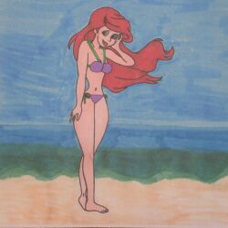 ariel beach bikini bikini_bottom bikini_top chuck_wagen disney disney_princess on_beach paper_(artwork) pin-up pin_up purple_bikini swimsuit swimwear tagme the_little_mermaid