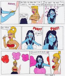 big_lips blonde_hair blue_eyes blue_fur comic comic_page dark_blue_hair dialogue female floating_lips furry genie gold_earrings golden_bracelets hot_pink_lipstick jeanie_(kinggigasmon) kinggigasmon kissing lamp pink_eyeshadow pink_lips rabbit red_lips