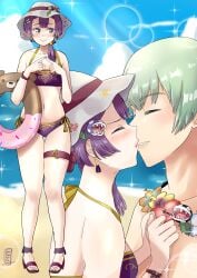 1boy 1girls alternate_costume alternate_hairstyle ass_visible_through_thighs bangs bare_legs beach bernadetta_von_varley bikini blush breasts byleth_(fire_emblem) byleth_(fire_emblem)_(male) closed_eyes commission earrings embarrassed female fire_emblem fire_emblem:_three_houses grey_eyes hair_over_shoulder hat high_heels kissing legs looking_away male mario_(series) nintendo ocean onikagura_(artist) outdoors piranha_plant ponytail post-timeskip purple_bikini purple_hair purple_swimsuit sand sandals shy_smile small_breasts smile swimsuit water