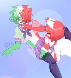 1boy 1girls assertive_female breasts countryhumans countryhumans_girl cum cum_on_body fascist_italy_(countryhumans) female femboy femboy_on_female hi_res high_resolution highres holding_penis japanese_empire_(countryhumans) licking licking_penis male nipples penis school_uniform see-through see-through_clothing skirt straight the_purple_witchy thighhighs thin_waist