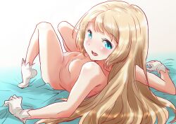 1girls ankle_socks anklehighs artist_request ass blonde_hair blue_eyes breasts frilled_legwear frilled_socks gloves gripping_sheets jervis_(kantai_collection) kantai_collection legs long_hair long_legs looking_at_viewer looking_back navel nipples nude nude_female on_back on_bed pale-skinned_female pale_skin perky_breasts pose posing pussy socks solo solo_female solo_focus white_socks