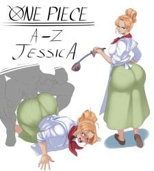 1boy 1girls all_fours anal anal_penetration anal_sex anal_through_clothes apron ass_in_dress big_ass big_breasts blonde_hair bulldog_position chef chef_uniform cook faceless_male female female_focus fucked_from_behind jessica_(one_piece) looking_back male marine_(one_piece) penetration