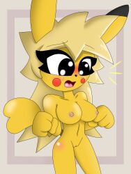 black_ears black_eyes blush breasts fur furry long_hair naked pikachu pokémon_(species) pokemon pussy springy_1.0 surprised tail vagina yellow_fur