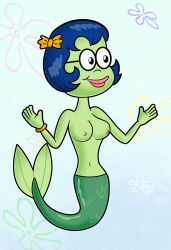 blue_hair bow bracelet breasts fawful69 freckles freckles_on_face freckles_on_shoulders glasses green_skin mermaid nipples princess_mindy smiling solo solo_female spongebob_squarepants straight_hair topless topless_female