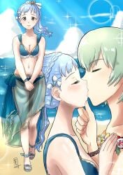 1boy 1girls alternate_costume alternate_hairstyle beach bikini blue_bikini blue_hair blue_swimsuit breasts brown_eyes byleth_(fire_emblem) byleth_(fire_emblem)_(male) chin_grab cleavage female female_focus fire_emblem fire_emblem:_three_houses fire_emblem_heroes kissing looking_at_viewer male marianne_von_edmund mario_(series) medium_breasts nintendo ocean official_alternate_costume onikagura_(artist) outdoors piranha_plant ponytail sandals sarong see-through smile solo_focus swimsuit translucent_clothing walking water