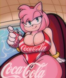 1girls 2022 amy_rose barefoot blue_eyes busty cleavage coca-cola feet_out_of_frame leaning_back logo one-piece_swimsuit pink_fur pink_hair pool product_placement sitting someth1ngoranother sonic_(series) sonic_the_hedgehog_(series) swimsuit tagme thick_thighs tongue tongue_out wide_hips