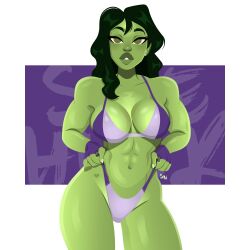 1girls 2022 abs absurd_res artist_logo big_breasts big_lips bikini bikini_bottom_pull clothed color dark_green_hair drawn female female_only fingerless_gloves gloves green_eyes green_hair green_skin hulk_(series) looking_at_viewer marvel marvel_comics muscular muscular_female narrowed_eyes nightlyneu she-hulk solo solo_female thick_thighs