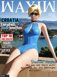 1girls 3d angela_ziegler big_breasts big_breasts blender blizzard_entertainment blonde_female blonde_hair blonde_hair breasts collar croatia doctor female female_only front_page hi_res legs light_hair light_skin magazine magazine_front_page mercy nero100 nipples overwatch pose sea sitting smile solo solo_female swimsuit waxiw