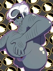 1boy ass ass_focus beowulf_(skullgirls) big_ass biting_lip blue_skin dark-skinned_male gay hand_on_ass maddammmx male_only muscular muscular_male one_eye_closed presenting_anus solo solo_focus solo_male white_hair yellow_eyes