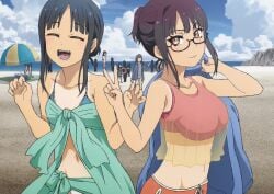 2girls beach big_breasts bikini black_hair breasts busty closed_eyes duo_focus female female_only fujimiya_sumika glasses hair_between_eyes happy highres isekai_ojisan large_breasts looking_at_viewer multiple_girls navel ocean orange_eyes purple_hair sarong sawae_(isekai_ojisan) screencap sensual shorts smile stitched swimsuit tan tanline third-party_edit v voluptuous water