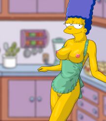 1girls 2021 apron areolae big_hair black_eyes blue_hair breasts breasts_out_of_clothes clothing color digital_media_(artwork) evilweazel eyelashes female female_only half-closed_eyes hi_res indoors kitchen long_hair looking_at_viewer marge_simpson mature milf naked_apron nipples pubic_hair pussy smile solo standing the_simpsons uncensored vagina yellow_skin