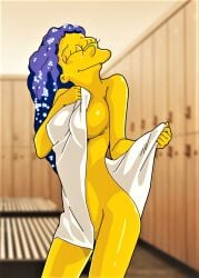 1girls 2022 after_bath ass blue_hair breasts closed_eyes color digital_media_(artwork) drying erect_nipples erect_nipples_under_clothes evilweazel hair_down hi_res marge_simpson milf nipples smile solo the_simpsons thighs towel uncensored yellow_skin