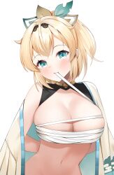 1girls 2021 absurdres alternate_breast_size arms_behind_back bangs blonde_hair blue_eyes blush breasts chest_sarashi female female_focus female_only hair_ribbon haori highres hololive hololive_japan holox japanese_clothes kazama_iroha large_breasts light-skinned_female light_skin looking_at_viewer mouth_hold navel neko_lu off_shoulder ribbon ribbon_in_mouth sarashi short_hair simple_background solo stomach upper_body virtual_youtuber white_background