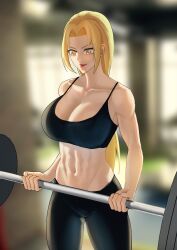 1girls abs bare_midriff bare_navel barefoot belly_button biceps big_breasts black_bikini black_bra black_pants black_yogawear blonde_hair boruto:_naruto_next_generations bra brown_eyes busty cleavage exposed_midriff exposed_navel feet_out_of_frame female female_focus female_only fully_clothed gym_uniform huge_breasts large_breasts lips lipstick long_hair makeup mature mature_female midriff milf muscle muscle_tone musclegut muscles muscular muscular_female naruto naruto_(classic) naruto_(series) naruto_shippuden navel pink_lips pink_lipstick pose posing shounen_jump six_pack solo solo_female solo_focus sports_bra tight_clothing tight_pants toned toned_female triceps tsunade weightlifting wide_hips witeak yoga_pants