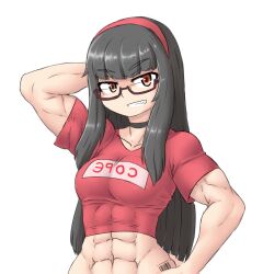 abs anne_(sheepapp) biceps breasts brown_hair choker female glasses long_hair muscular_arms muscular_female sheepapp short_sleeves six_pack smug smug_face smug_grin