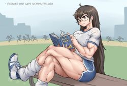 anklehighs biceps big_breasts book breasts brown_eyes brown_hair calves glasses long_hair loose_socks muscular_arms muscular_calves muscular_female muscular_shoulders muscular_thighs reading school_uniform schoolgirl schoolgirl_uniform sheepapp short_sleeves socks thick_calves white_socks