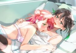 2girls biting black_hair black_thighhighs blush bra breasts couch female female_only gradient_hair green_eyes hair_bun hair_ornament hairclip happy hareta hickey love_live! love_live!_nijigasaki_high_school_idol_club lying_on_person multicolored_hair multiple_girls pink_hair school_uniform takasaki_yuu thighhighs uehara_ayumu underwear yuri