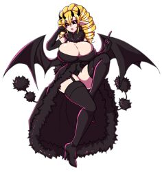 1girls 2019 arm_gloves big_breasts black_sclera blonde_hair cleavage curly_hair demon demon_girl demon_horns demon_wings dress female female_only full_body garter_straps heels hi_res horns long_hair looking_at_viewer pink_eyes pink_lips pointy_ears pridekun solo solo_female stockings succubus thick_thighs thigh_squish unamused white_background wings