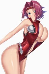 1girls blue_eyes blush bouhatei_(t-back) breasts code_geass commentary female headband kallen_stadtfeld large_breasts looking_at_viewer medium_hair navel open_clothes red_hair shiny shiny_skin simple_background smile solo solo_female white_background