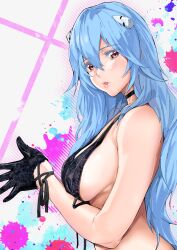 1girls alternate_hairstyle black_bra blue_hair blush bra breasts choker female gloves human lingerie long_hair neon_genesis_evangelion paint_splatter pale-skinned_female pale_skin rebuild_of_evangelion red_eyes rei_ayanami sideboob solo yamaishi_(mukoubuti)