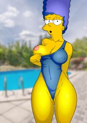 2020 blue_hair breasts breasts_out_of_clothes clothing color digital_media_(artwork) evilweazel female female_only frontal_wedgie hi_res large_breasts looking_at_viewer marge_simpson nipples nude one-piece_swimsuit open_mouth solo swimsuit the_simpsons uncensored vagina wedgie yellow_skin