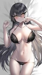 1girls bangs bare_shoulders bed_sheet black_bra black_hair black_panties blush bra breasts collarbone commentary cowboy_shot dandelion_(girls'_frontline) embarrassed girls'_frontline groin hair_between_eyes hands_up hei_d highres large_breasts long_hair looking_away lying navel on_back on_bed open_bra panties solo stomach underwear underwear_only very_long_hair yellow_eyes