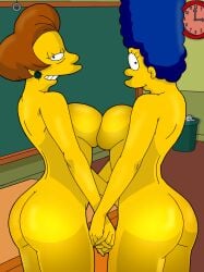 2022 2girls ass blue_hair breast_press breasts brown_hair classroom color curvaceous digital_media_(artwork) earrings edna_krabappel evilweazel female hi_res holding_hands jewelry looking_at_viewer looking_back marge_simpson mature milf mother multiple_girls pose short_hair standing teacher the_simpsons uncensored viewed_from_below yellow_skin yuri