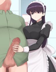 1boy 1girls age_difference apron asian asian_female balls belly big_breasts big_penis black_hair bottomless breasts censored cheating cheating_girlfriend emotionless erect_penis fat_man female haeil2 handjob komi-san_wa_komyushou_desu komi_shouko light_skin long_hair maid maid_headdress maid_uniform mosaic_censoring older_male older_man_and_teenage_girl overweight_male penis standing straight teenage_girl teenager testicles ugly_bastard ugly_man younger_female