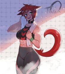 1girls 2021 abs avatar_(ff14) cat_ears cat_tail collar female female_only final_fantasy final_fantasy_xiv green_eyes happy heterochromia hi_res light-skinned_female light_skin looking_away miqo'te red_eyes red_hair smile solo solo_female sportswear sweat tail thiccwithaq thick_thighs toned toned_female towel towel_around_neck whisker_markings wiping_sweat wristband xere