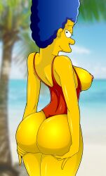 1girls 2020 ass ass_focus ass_lift beach blue_hair breasts breasts_out breasts_out_of_clothes clothing color digital_media_(artwork) evilweazel female female_only hi_res looking_at_viewer looking_back marge_simpson mature milf nipples one-piece_swimsuit presenting presenting_hindquarters red_swimsuit solo swimsuit the_simpsons uncensored yellow_skin