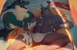 anthro anubian_jackal balls bandage canid canine canis crocodile crocodilian crocodylid duo eyewear genitals hi_res humanoid jackal league_of_legends male mammal muscular muscular_male nasus nipples pecs pool_chair pool_party_renekton pool_party_series renekton reptile riot_games ruinfish scalie sitting smile sunglasses towel video_games water water_bottle