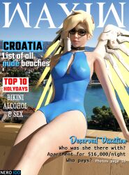 1girls 3d angela_ziegler big_breasts big_breasts blender blizzard_entertainment blonde_female blonde_hair blonde_hair breasts collar croatia doctor female female_only front_page hi_res legs light_hair light_skin magazine magazine_front_page mercy nero100 nipples overwatch pose sea sitting smile solo solo_female swimsuit waxiw