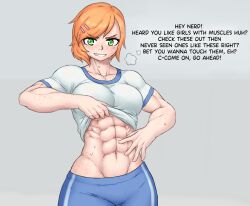 1girls abs biceps big_breasts breasts freckles muscular_arms muscular_female school_uniform schoolgirl sheepapp six_pack smug smug_face sweat sweatdrop talking_to_viewer text