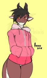 anixis anixis_(character) anthro black_hair brown_body brown_scales dragon femboy hoodie male pink_hoodie simple_background simple_coloring story_in_description