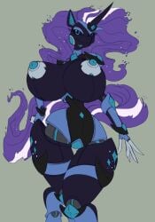 anthro black_body black_sclera blue_body blue_eyes blue_inner_ear cutie_mark digital_media_(artwork) equid equine eyeshadow female female_only fingers hair hasbro hi_res horn imric1251 long_hair machine makeup mammal my_little_pony my_little_pony_(idw) nightmare_rarity nipples purple_hair rarity_(mlp) robot simple_background solo standing thick_thighs unicorn unicorn_horn wide_hips