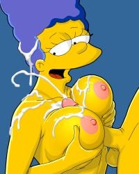 1boy 1girls 2020 anon between_breasts blue_hair breast_press breasts color digital_media_(artwork) ejaculation erection evilweazel female half-closed_eyes hands_on_own_breasts hi_res looking_at_semen looking_back male marge_simpson mature milf nipples open_mouth paizuri partial_male penis semen semen_on_body semen_on_breasts semen_on_chest semen_on_upper_body the_simpsons uncensored