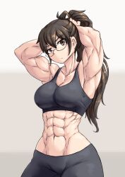 abs biceps big_breasts breasts brown_eyes brown_hair glasses long_hair muscles muscular muscular_arms muscular_female ponytail sheepapp six_pack sports_bra sportswear