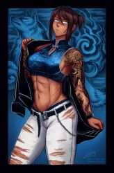 1girls abrasion abs athletic_female avatar_legends blue_eyes chains clothing dark-skinned_female female fit_female fully_clothed iahfy jacket_on_shoulders korra looking_at_viewer medium_breasts piercing ponytail ripped_clothing ripped_jeans scars sideboob six_pack sleeveless_shirt smooth_skin streetwear tattoos the_avatar the_legend_of_korra tomboy toned_female unbuckled_belt watch water_tribe