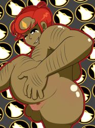 1boy ass ass_focus beowulf_(skullgirls) big_ass biting_lip dark-skinned_male gay hand_on_ass maddammmx male_only muscular muscular_male one_eye_closed presenting_anus presenting_ass red_hair solo solo_focus solo_male