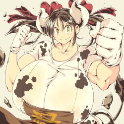 1girls animal_humanoid apron brown_hair cow_girl cow_horns cow_tail cowgirl cowgirl_outfit female female_only gigantic_breasts gloves hataraki_ari horns humanoid looking_at_viewer monster_girl muscular muscular_female punch smile smiling smiling_at_viewer sukimi_(hataraki_ari) yellow_eyes