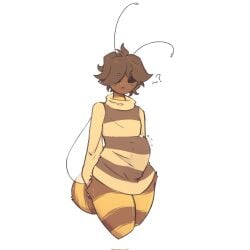 2022 antennae_(anatomy) anthro anthro_only anthrofied arthropod arthropod_abdomen bee black_eyes bodily_fluids bottomless brown_body brown_fur brown_hair bulge clothed clothing eyebrows fembee freckles fur genital_fluids genitals girly hair hi_res hips humanoid hymenopteran insect_wings insects male male_only mazus_(tinysmallman) no_pupils pattern_clothing pattern_sweater pattern_topwear penis portrait precum precum_through_clothing question_mark simple_background solo solo_femboy solo_male striped_body striped_clothing striped_fur striped_sweater striped_topwear stripes sweater thick thick_thighs thighs three-quarter_portrait throbbing throbbing_penis tinysmallman topwear wet wet_clothing white_background wide_hips wings yellow_body yellow_fur